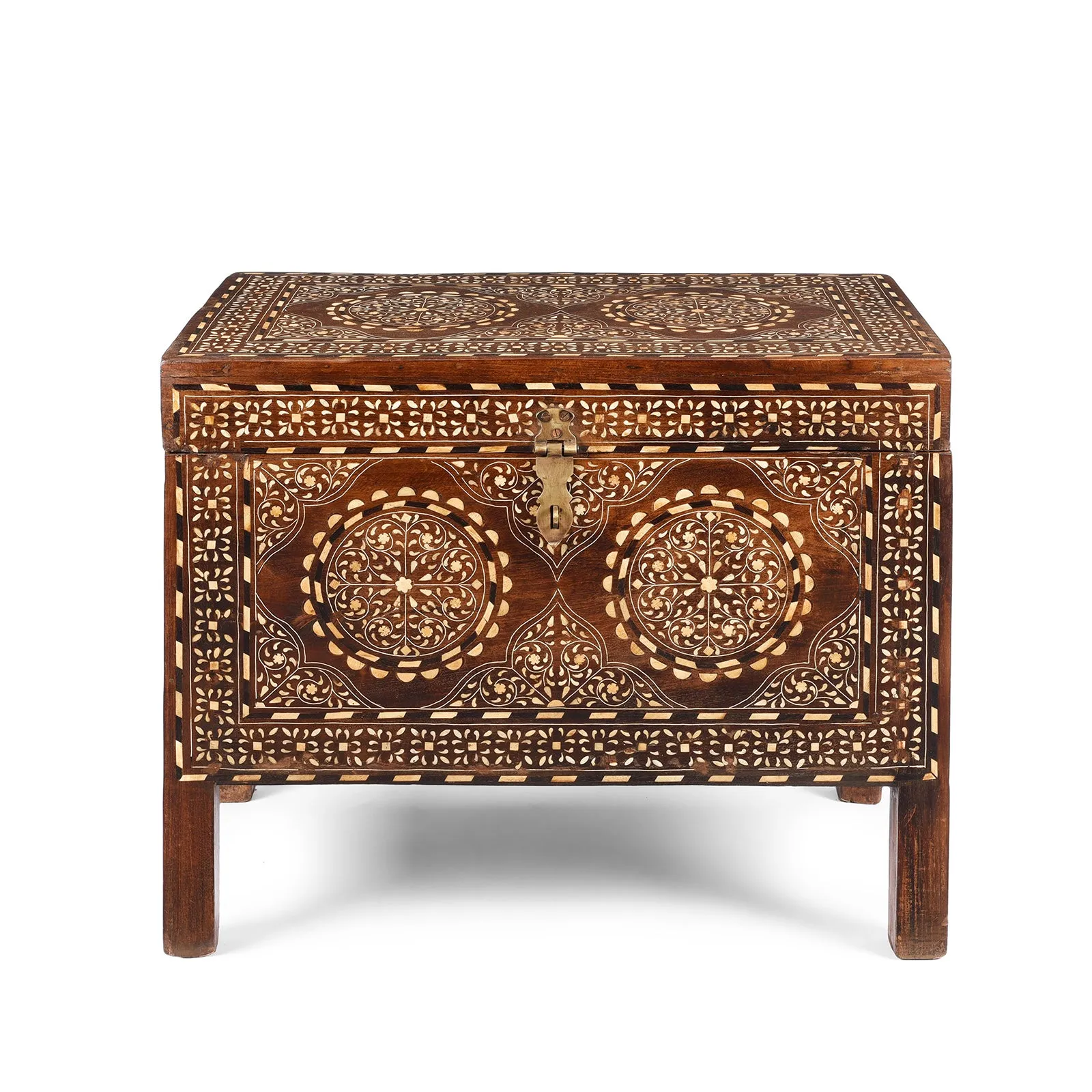 Old Indian Bone Inlay Teak Chest - Ca 1900