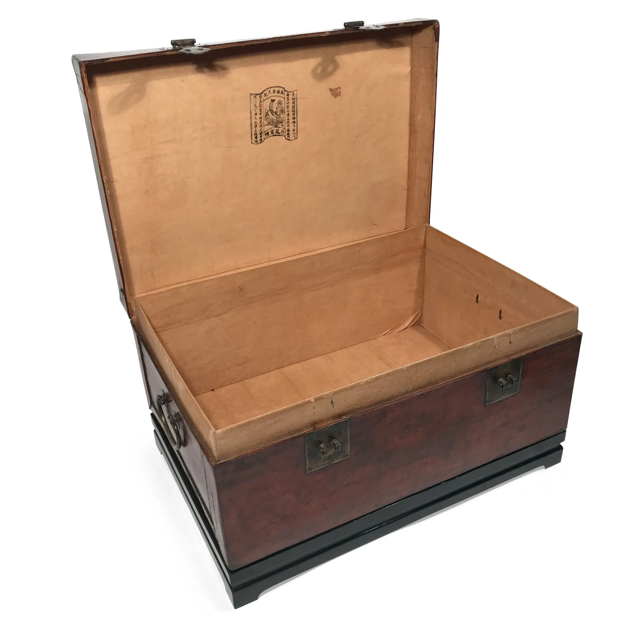 Old Tan Leather Trunk From Shanghai - 19thC