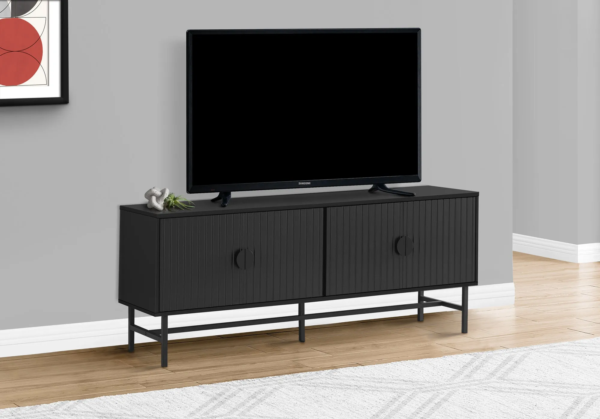 Tv Stand, 60 Inch, Console, Media Entertainment Center, Storage Cabinet, Living Room, Bedroom, Black Laminate, Black Metal, Contemporary, Modern