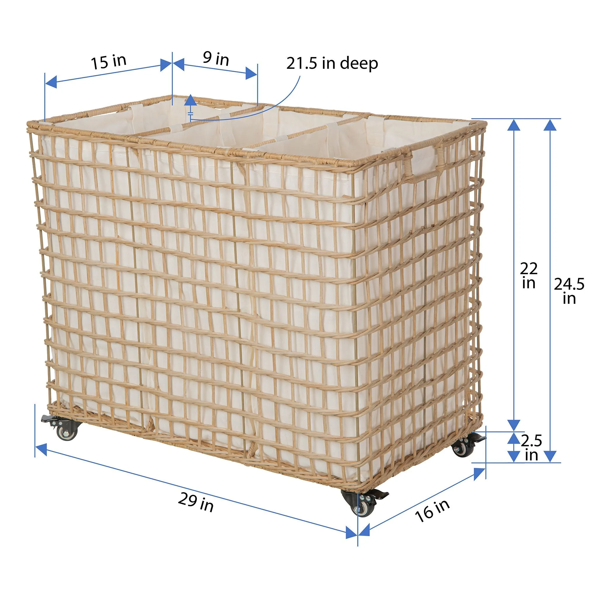 Wicker 3-Bag Rolling Laundry Sorter & Hamper with Caster Wheels