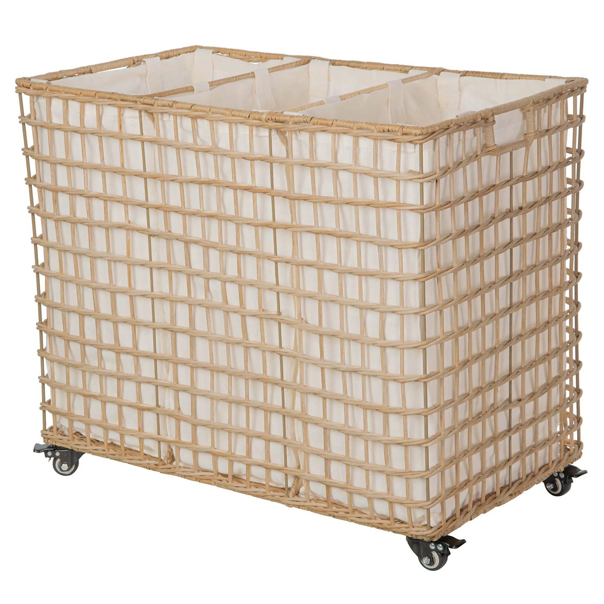 Wicker 3-Bag Rolling Laundry Sorter & Hamper with Caster Wheels