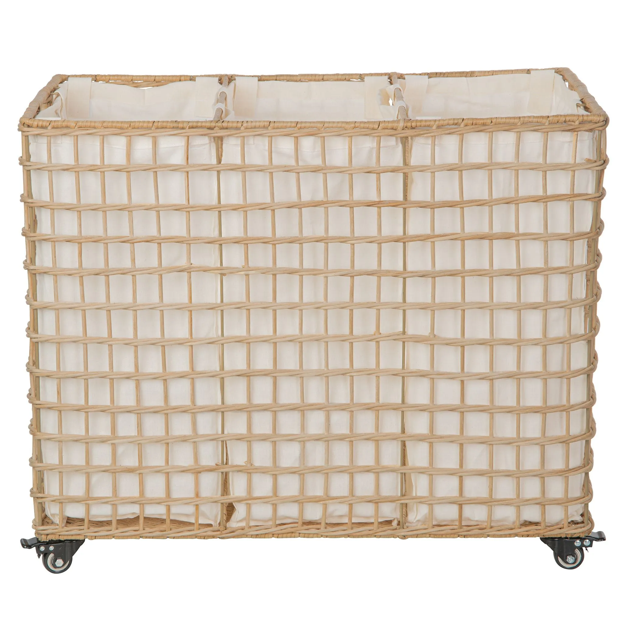 Wicker 3-Bag Rolling Laundry Sorter & Hamper with Caster Wheels