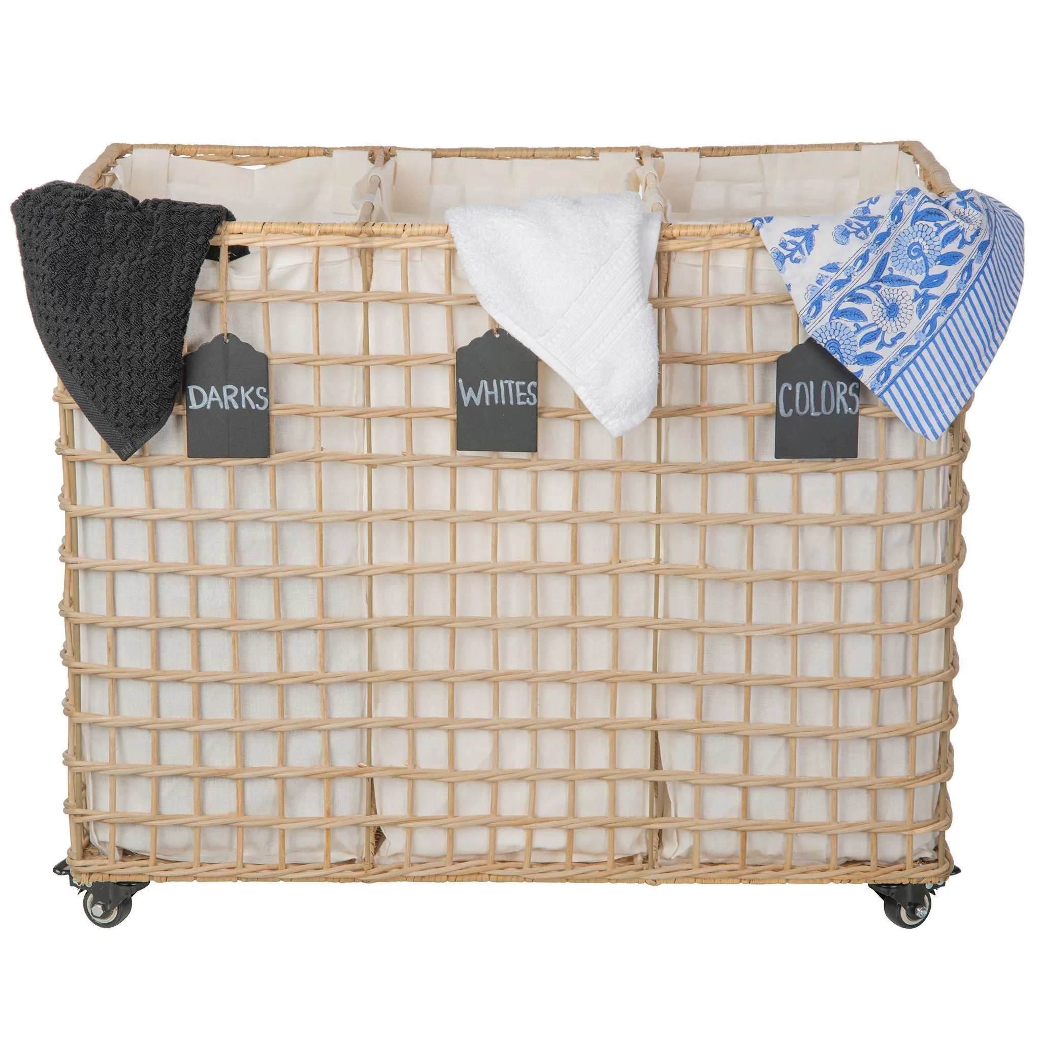 Wicker 3-Bag Rolling Laundry Sorter & Hamper with Caster Wheels